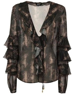Just Cavalli Snake-Print Ruffled Top - Black