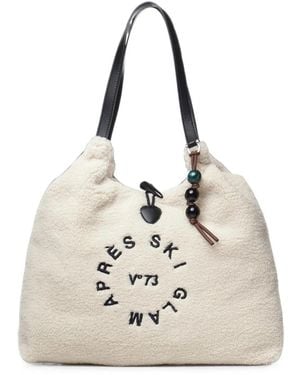 V73 Teddy-Effect Embroidered Shoulder Bag - Natural