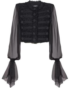 Balmain Chiffon-Sleeve Tweed Jacket - Black