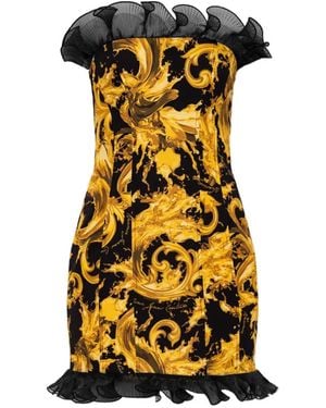 Versace Jeans Couture Off-Shoulder Ruffled-Details Baroque-Print Mini Dress - Yellow