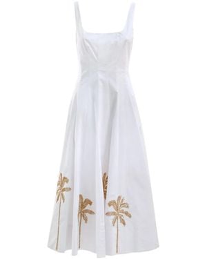 STAUD Square-Neck Palm-Tree Midi Dress - White