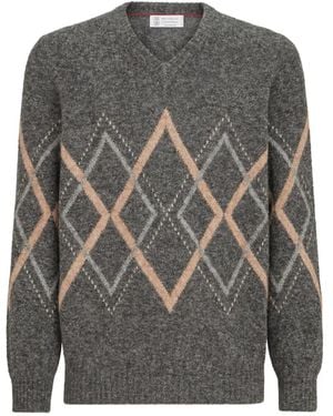 Brunello Cucinelli Pullover Aus Alpaka, Kaschmir Und Wolle Mit Argyle-Intarsie - Grau