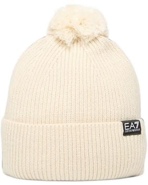 EA7 Pom-Pom Logo-Patch Beanie Hat - Natural