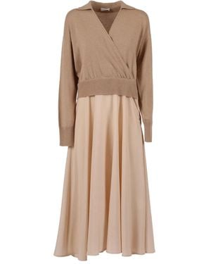 Peserico Midikleid mit V-Ausschnitt - Natur