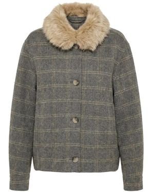 Twinset Double Check Wool Caban Coat With Faux Fur - Gray