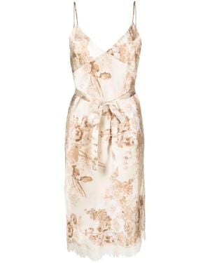 Gold Hawk Floral-Print Lace-Detail Silk Dress - Natural