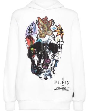 Philipp Plein Skull-Print Crystal-Embellished Hoodie - White