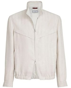 Brunello Cucinelli Linen Chalk Stripe Chevron Outerwear Jacket - White