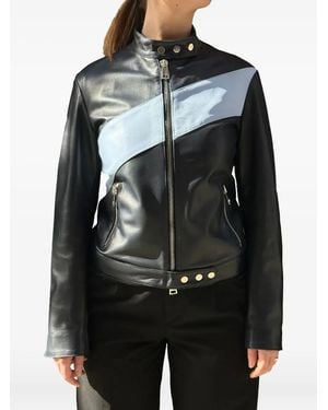LA ROSE Zip-Up Leather Bomber Jacket - Black