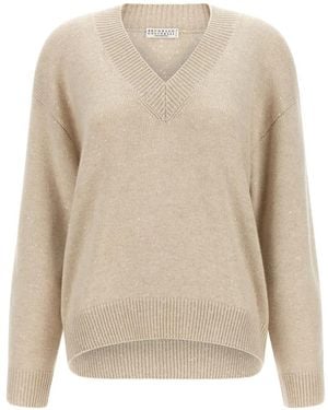 Brunello Cucinelli Sequin-Appliqué V-Neck Sweater - White