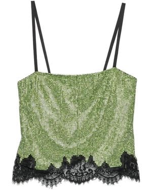 Self-Portrait Rhinestone-Embellished Lace-Trim Top - Green