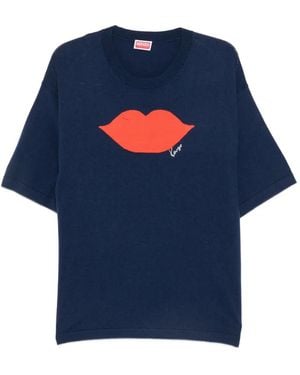 KENZO Lips-Intarsia Short-Sleeve Sweater - Blue
