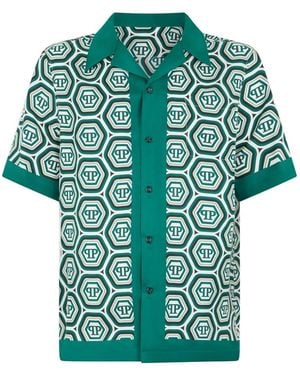 Philipp Plein Silk Bowling Shirt Monogram 70's - Green