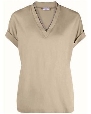 Brunello Cucinelli V-Neck Stretch-Cotton T-Shirt - Pink