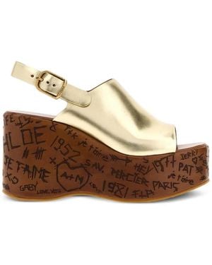 Chloé Maxime Graffiti-Print Wedge Sandals - Brown