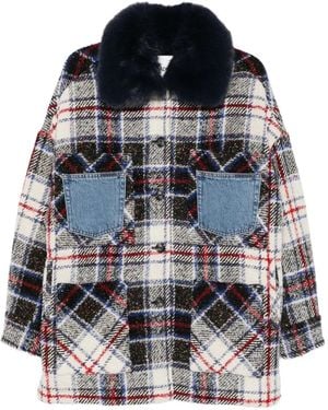 Ava Adore Faux-Fur-Collar Check-Pattern Coat - Blue
