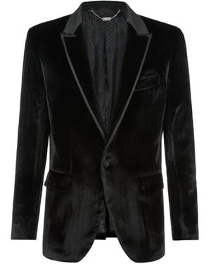 Billionaire Elegant Herringbone-Pattern Velvet Blazer - Black
