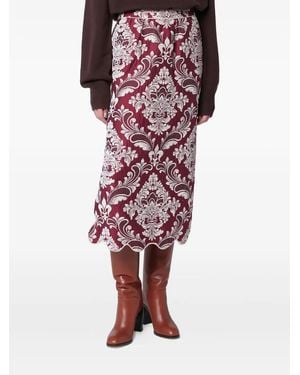 FARM Rio Patterned-Jacquard Scallop-Hem Midi Skirt - Red