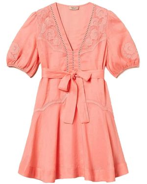 Twinset Short Ramie Dress With Embroidery - Pink