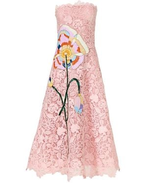 Costarellos Marina Floral-Appliqué Corded Lace Midi Gown - Pink