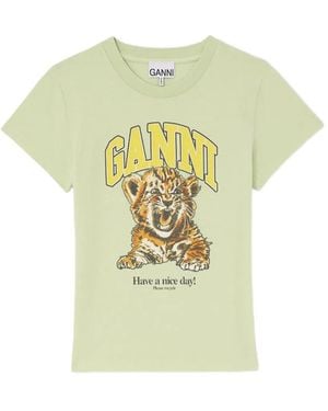 Ganni Printed Cotton T-Shirt - Yellow