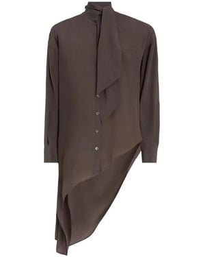 High Warble Pussy-Bow Asymmetric Shirt - Brown