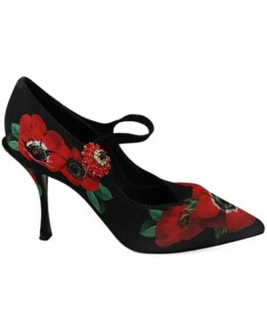 Dolce & Gabbana Poppy-Print Crystal-Embellished Pumps - Black