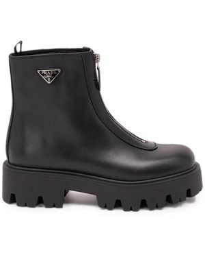 Prada Zipper Leather Boots - Black