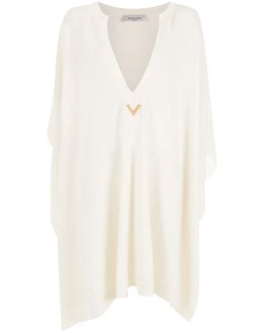 Valentino Garavani Logo-Plaque Knitted Poncho - White