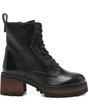 CafeNoir Lace-Up Studded Ankle Boots - Black