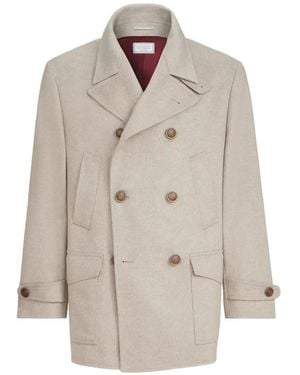 Brunello Cucinelli Cashmere Chevron Flannel Four-Pocket Pea Coat - White