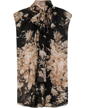 Dolce & Gabbana Rose-Print Chiffon Sleeveless Top - Black