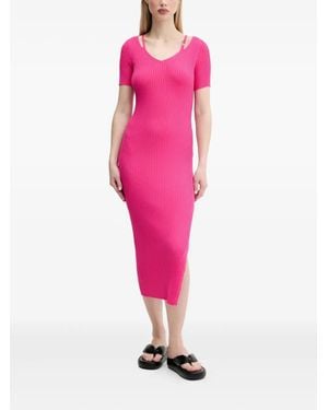 HUGO Ribbed-Knit V-Neck Midi Dress - Pink