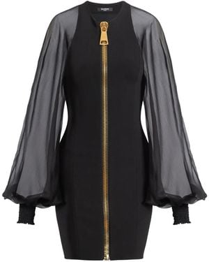 Balmain Kurzes Kleid Aus Jersey Und Musselin - Schwarz