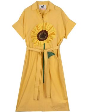 Mii Gordes Sunflower-Embroidered Belted Midi Dress - Yellow