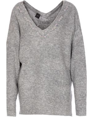Pinko Dancing Queen Embellished V-neck Sweater - グレー