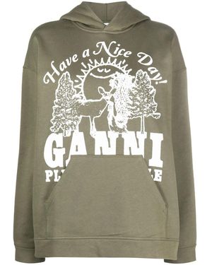 Ganni Logo-Print Organic Cotton Hoodie - Metallic