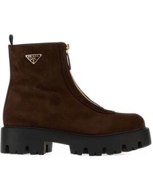 Prada Front-Zip Enamelled Triangle Ankle Boots - Brown