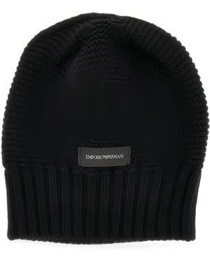 Emporio Armani Logo-Patch Chunky-Knit Beanie Hat - Black