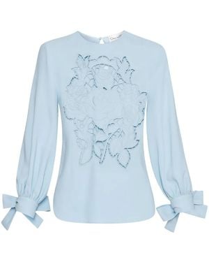 Oscar de la Renta English Rose Cut-Out Georgette Blouse - Blue