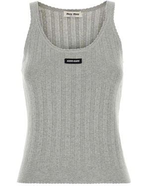 Miu Miu Ribbed Cotton Tank Top - Gray