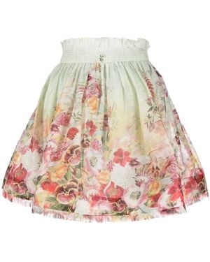 Zimmermann Floral Print Silk Blend Linen Flared Mini Skirt - Natural