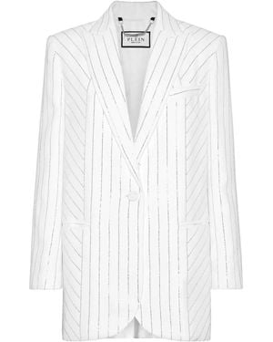 Philipp Plein Crystal-Pinstripe Cady Blazer - White