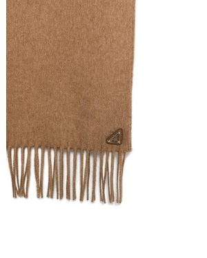 Prada Écharpe Frangée À Plaque Logo - Brown