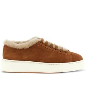 Santoni Cleanmount Shearling-Trim Sneakers - Brown