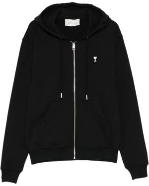 Ami Paris Logo-Embroidered Hoodie - Black
