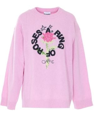 Ganni Ring Of Roses Crew-Neck Jumper - Pink