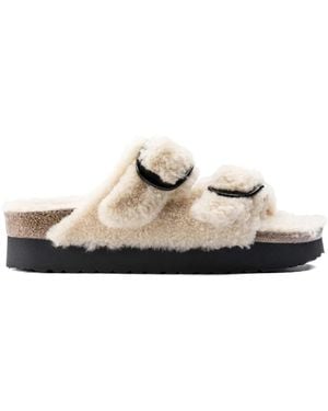Birkenstock Arizona "Teddy Eggshell" Shearling Sandals - White