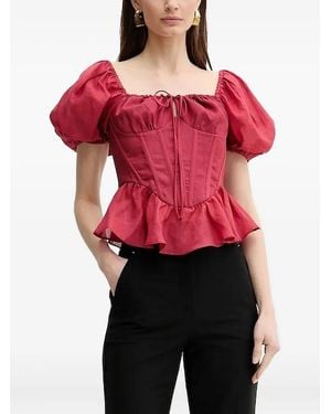 Bardot Puff-Sleeve Corset Top - Red