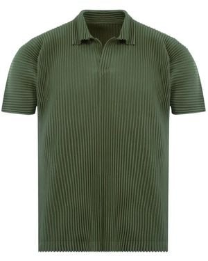 Issey Miyake Pleated-Design Polo-Collar T-Shirt - Green